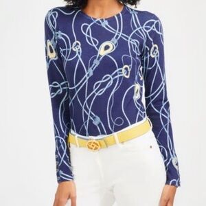 J. McLaughlin Button-Cuff Togglewood Lenny Crewneck Sweater Size XS/S Blue Gold